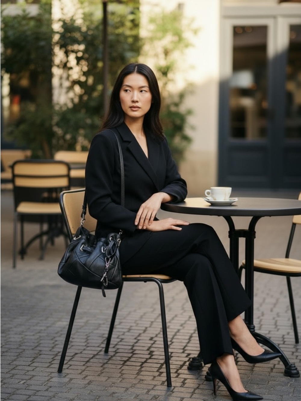 Bébé Black Leather Drawstring Hobo Bag